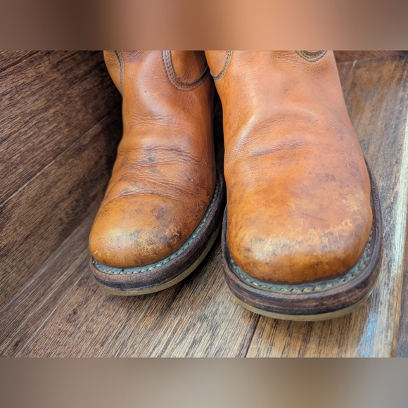 Vintage 70s Longhorn Stitched Campus Frye style Amber leather Western Boots 10 D - Picture 9 of 16